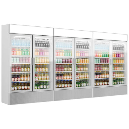 GGM Gastro (3 pcs) Commercial Upright Glass Door Display Fridge - 3600mm - 3600 Litres - with 6 hinged glass doors - LED lighting - Temperature range 1 to 10 °C - Grey
