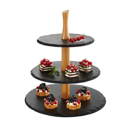 GGM Gastro 3-Tier Afternoon Tea Stand - Round - Chrome-Plated Frame - Slate Shelves