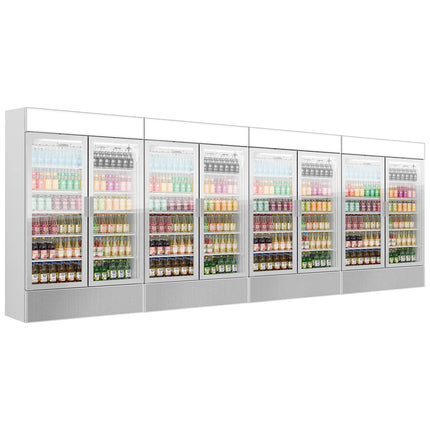 GGM Gastro (4 pcs) Commercial Beverage Display Fridge with Illuminated Canopy - 4800mm - 4800 Litres - with 8 hinged glass doors - LED lighting - Grey - Temperature range 1 to 10 °C