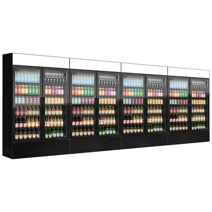 GGM Gastro (4 pcs) Commercial Beverage Display Fridge with Illuminated Canopy - 4800mm - 4800 Litres - with 8 hinged glass doors - LED lighting - Black - Temperature range 1 to 10 °C
