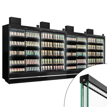 GGM Gastro (4 pcs) Commercial multideck display fridge - 7500mm - with 4 hinged glass doors & 5 shelves - Black