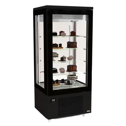 GGM Gastro 4-Sided Glass Display Fridge - 400L - 800mm - Double glazing - square - with 4 glass shelves - 1 rear glass door - Black