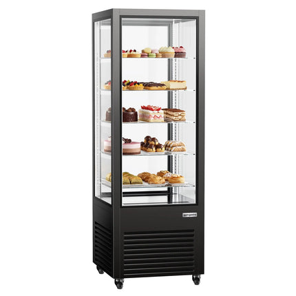 GGM Gastro 4-Sided Glass Display Fridge - 440L - 675mm - Double glazing - with 5 glass shelves - 1 rear glass door - for patisserie - Black