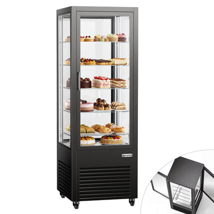 GGM Gastro 4-Sided Glass Display Fridge - 440L - 675mm - Double glazing - with 5 glass shelves - front & rear glass doors - for drinks & dairy - Black