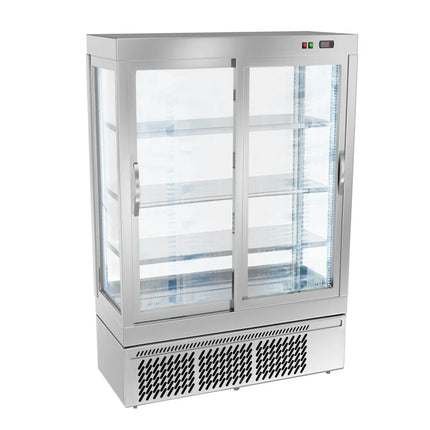 GGM Gastro 4-Sided Glass Display Fridge - 855L - 1320mm - Double glazing - square - with 3 glass shelves - 2 sliding glass doors - Silver