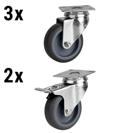 GGM Gastro (5 pieces) Castor Set for Refrigerated Tables & Cabinets – 2 braked + 3 free - Top-plate mount