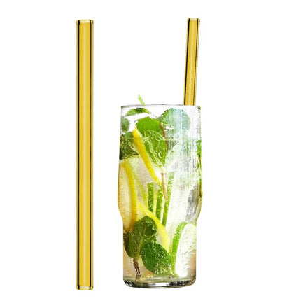 GGM Gastro (50 pcs) Glass Drinking Straws - 200mm - ø 8mm - straight - Yellow - incl. 1 Nylon cleaning brush