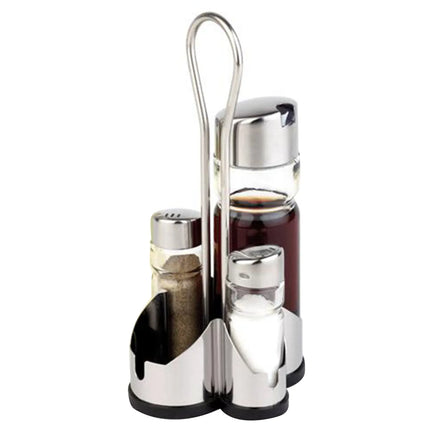 GGM Gastro (6 pcs) Complete Cruet Set ECONOMIC - 4-piece - Stainless steel stand - Glass; Stainless steel lids - with pourer spout included; drip-free - incl. 2 oil & vinegar bottles; 2 salt & pepper shakers; stand