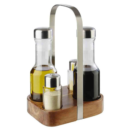 GGM Gastro (6 pcs) Complete Cruet Set PREMIUM - 4-piece - Wooden stand - Glass; Stainless steel lids; Acrylic - with protective base - incl. 2 oil & vinegar bottles; 2 salt & pepper shakers - oil & vinegar; salt & pepper - Height: 245mm