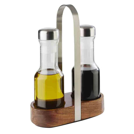 GGM Gastro (6 pcs) Cruet Set - 2-piece - Wooden stand - Glass; Stainless steel lids; Acrylic - incl. 2 oil & vinegar bottles; stand - oil & vinegar - Height: 245mm