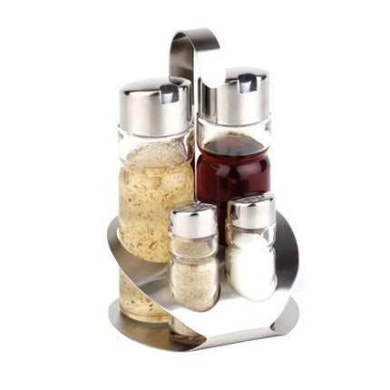GGM Gastro (6 pcs) Cruet Set PRO - 4-piece - Stainless steel stand - Glass; Stainless steel lids - with pourer spout included - incl. 2 oil & vinegar bottles; 2 salt & pepper shakers - oil & vinegar; salt & pepper