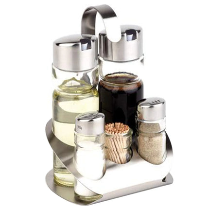 GGM Gastro (6 pcs) Cruet Set PRO - 5-piece - Stainless steel stand - Glass; Stainless steel lids - with drip-free pourer spouts - incl. 5 glass containers - with dishwasher safe