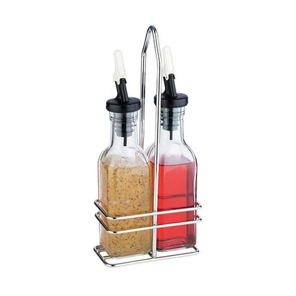 GGM Gastro (6 pcs) Oil and Vinegar Cruets - 120ml - Stainless steel stand - Glass - with pourer spout included