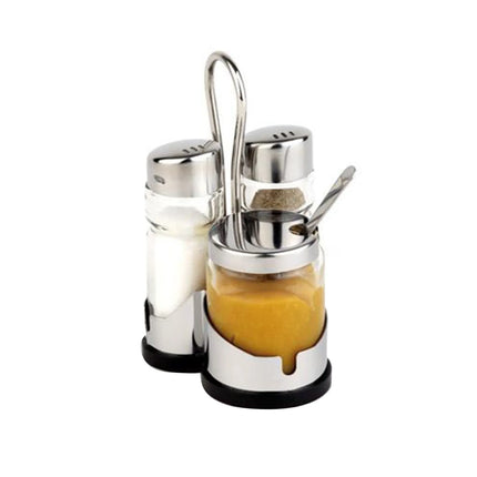 GGM Gastro (6 pcs) Salt and Pepper Cruet Set and Stand ECONOMIC - 3-piece - with stainless steel lids & spoon - incl. stainless steel stand - salt & pepper; mustard pot with spoon