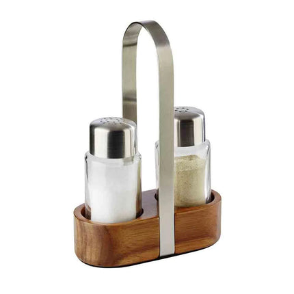 GGM Gastro (6 pcs) Salt and Pepper Cruet Set and Stand PREMIUM - 2-piece - Wooden stand - Glass - with stainless steel lids - incl. 2 salt & pepper shakers - salt & pepper - Height: 170mm