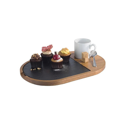 GGM Gastro (6 pcs) Serving Board - FUSIONA - 2-piece set - incl. slate plate - acacia wood - 280x175mm - oval
