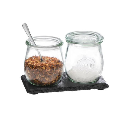 GGM Gastro (6 pcs) Slate Serving Board - Natural Slate - 150x80mm - with 2 recesses Ø 60mm - Black