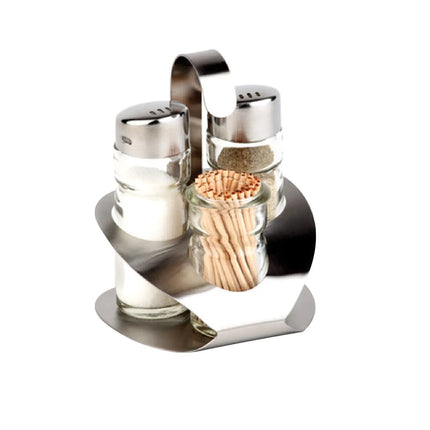GGM Gastro (6 pieces) Commercial condiment set PRO - Stainless steel stand - Incl. 3 glass containers