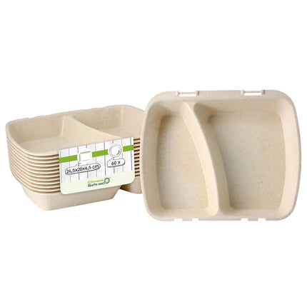 GGM Gastro (60 pcs) Reusable 2-Compartment Takeaway Container - 245x200mm - Cream White - Stackable