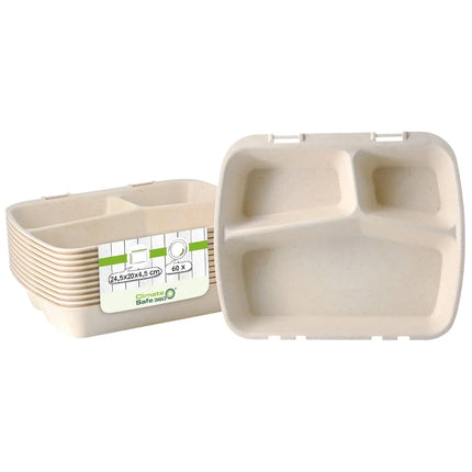 GGM Gastro (60 pcs) Reusable 3-Compartment Takeaway Container - 245x200mm - Cream White - Stackable