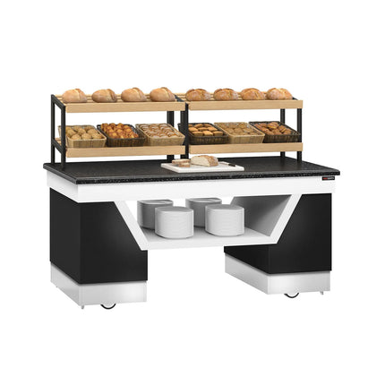 GGM Gastro Bakery Buffet Display Counter BELFAST - 2000mm - with 2 Shelves - on Castors - Black Granite Worktop