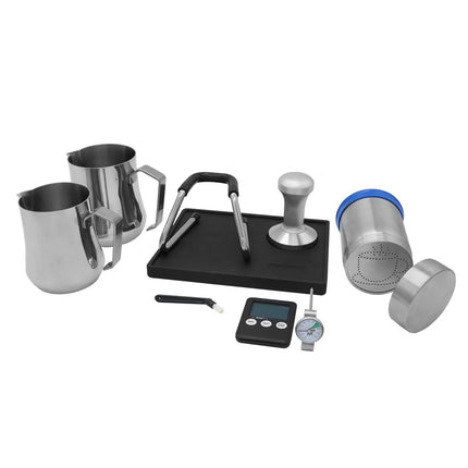 GGM Gastro Barista kit - incl. 2 milk jugs, coffee tamper, tamper holder, probe thermometer, cleaning brush, 3 art stencils & digital timer
