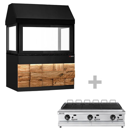 GGM Gastro Bếp Nướng Gas TORONTO - 15.6kW - Đứng Độc Lập - Vỉ Gang - Mặt Trước Gỗ - Mặt Đá Granite Đen - Tấm Chắn Nhiệt Kính Cường Lực