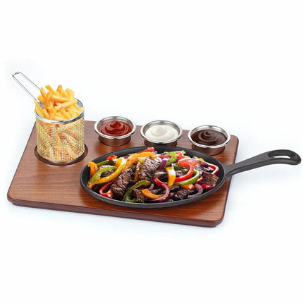 GGM Gastro Bộ Đĩa Nóng - Bộ 6 Món - Gồm Đế Gỗ, 3 Chén Nhỏ & Giỏ Chiên - Chảo Gang Tôi Sẵn; Chén & Giỏ Thép Không Gỉ (AISI 304); Đế MDF - 350x260mm - Hình Bầu Dục