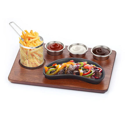 GGM Gastro Bộ Đĩa Nóng Fajita - Bộ 6 Món - Gồm Đế Gỗ, 3 Chén Nhỏ & Giỏ Chiên - Chảo Gang & Phụ Kiện Thép Không Gỉ (AISI 304) - 350x260mm - Hình Quả Thận