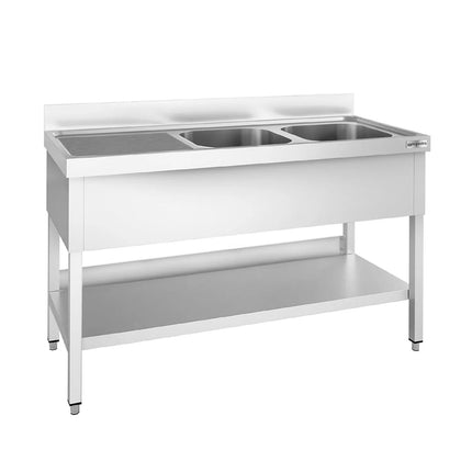GGM Gastro Bồn Rửa Inox PREMIUM - 1400x700mm - 2 Chậu Bên Phải - Có Kệ Dưới - Có Gờ Chắn
