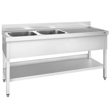 GGM Gastro Bồn Rửa Inox PREMIUM - 1800x700mm - 2 Chậu Bên Trái - Có Kệ Dưới - Có Gờ Chắn