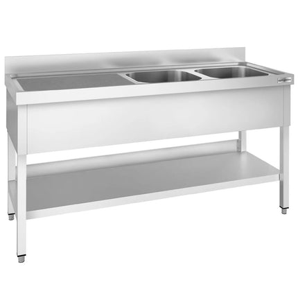GGM Gastro Bồn Rửa Inox PREMIUM - 2000x600mm - 2 Chậu Bên Phải - Có Kệ Dưới - Có Gờ Chắn