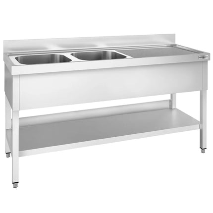 GGM Gastro Bồn Rửa Inox PREMIUM - 2000x600mm - 2 Chậu Bên Trái - Có Kệ Dưới - Có Gờ Chắn