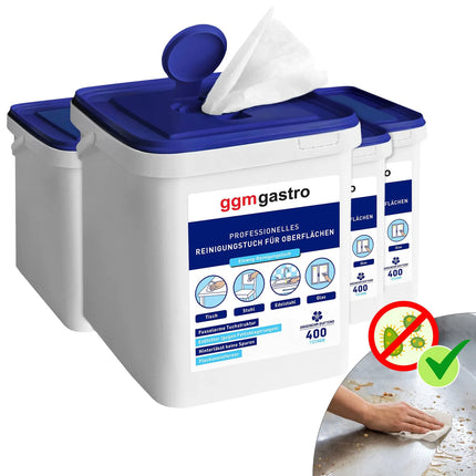 GGM Gastro Cleaning Wipes Dispenser Set - 4x400wipes - Degreasing - Streak-free - Low-lint - Refillable dispensers with resealable lid - Pleasantly scented
