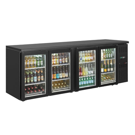 GGM Gastro Commercial Back Bar Bottle Cooler ECO - 2542x513mm - 518L - with 4 Hinged Glass Doors - Black