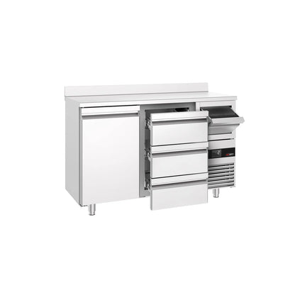 GGM Gastro Commercial Back Bar Bottle Cooler PREMIUM - 1580x600mm - 365L - with 1 Door & 3 Drawers, upstand & knock box for coffee - Stainless Steel