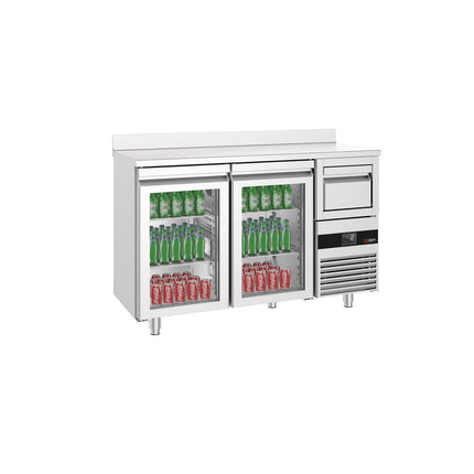 GGM Gastro Commercial Back Bar Bottle Cooler PREMIUM - 1580x600x1150mm - with 2 Hinged Glass Doors, upstand & knock box for coffee - Stainless Steel