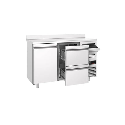 GGM Gastro Commercial Back Bar Bottle Cooler PREMIUM - 1580x600x1150mm - with 1 Door & 2 Drawers, upstand & knock box for coffee - Stainless Steel