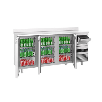 GGM Gastro Commercial Back Bar Bottle Cooler PREMIUM - 2135x600x1150mm - 570L - with 3 Hinged Glass Doors, upstand & knock box for coffee - Stainless Steel