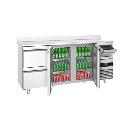 GGM Gastro Commercial Back Bar Bottle Cooler PREMIUM - 2135x600x1150mm - 570L - with 2 Doors & 2 Drawers, upstand & knock box for coffee - Stainless Steel