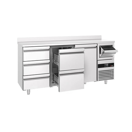 GGM Gastro Commercial Back Bar Bottle Cooler PREMIUM - 2135x600x1150mm - with 1 Hinged Glass Door, 5 Drawers, upstand & knock box for coffee - 570L