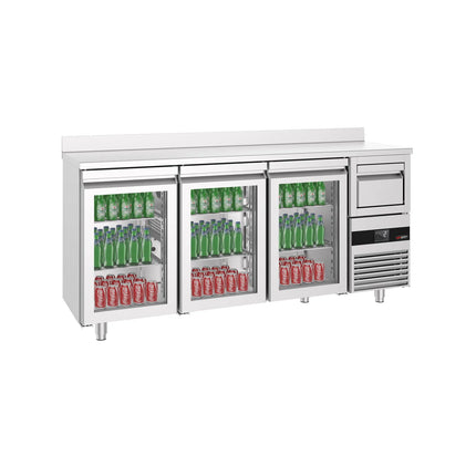 GGM Gastro Commercial Back Bar Bottle Cooler PREMIUM - 2140x600x1150mm - with 3 Hinged Glass Doors, upstand & knock box for coffee - 632L