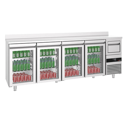 GGM Gastro Commercial Back Bar Bottle Cooler PREMIUM - 2690x600mm - 710L - with 4 Hinged Glass Doors, upstand & knock box for coffee