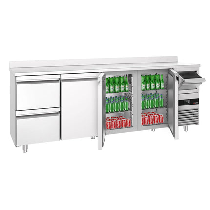 GGM Gastro Commercial Back Bar Bottle Cooler PREMIUM - 2690x600mm - 775L - with 3 Hinged Glass Doors, 2 Drawers, upstand & knock box for coffee - Stainless Steel