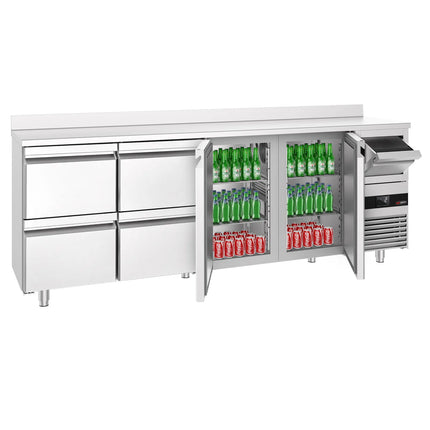 GGM Gastro Commercial Back Bar Bottle Cooler PREMIUM - 2690x600mm - 775L - with 2 Doors & 4 Drawers, upstand & knock box for coffee, auto defrost - Stainless Steel