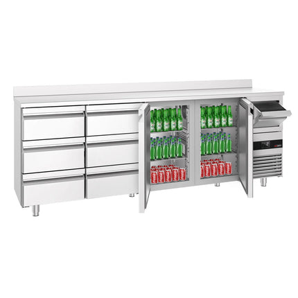 GGM Gastro Commercial Back Bar Bottle Cooler PREMIUM - 2690x600mm - 775L - with 2 Solid Doors & 6 Drawers, upstand & knock box for coffee