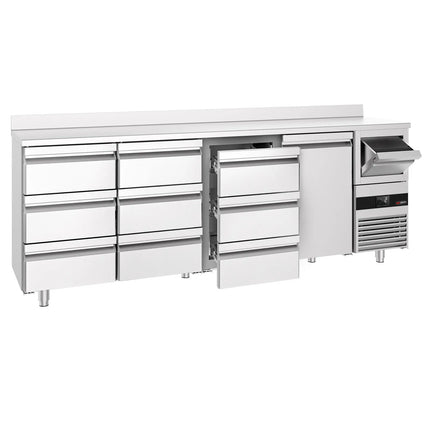GGM Gastro Commercial Back Bar Bottle Cooler PREMIUM - 2690x600mm - 775L - with 1 Solid Door & 9 Drawers, upstand & knock box for coffee - Stainless Steel