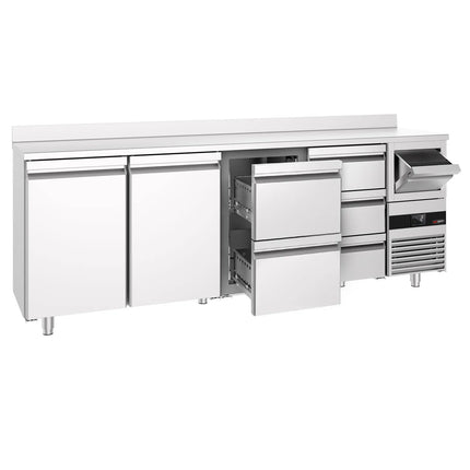 GGM Gastro Commercial Back Bar Bottle Cooler PREMIUM - 2690x600x1150mm - 775L - with 2 Doors & 5 Drawers, upstand & knock box for coffee - Stainless Steel
