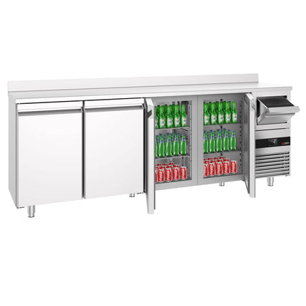 GGM Gastro Commercial Back Bar Bottle Cooler PREMIUM - 2690x600x1150mm - 775L - with 4 Solid Doors, upstand & knock box for coffee