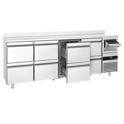 GGM Gastro Commercial Back Bar Bottle Cooler PREMIUM - 2690x600x1150mm - with 8 Drawers, upstand & knock box for coffee - 775L